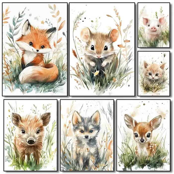 Affiches d'herbe de bébé animaux mignons dans le terrain