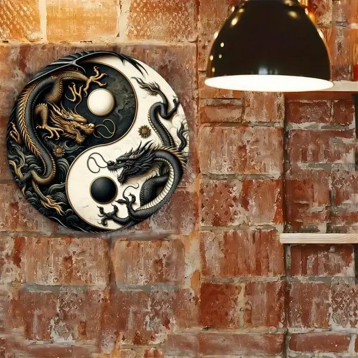 Panneau métallique Dragon chinois Yin-Yang – Art mural Oriental noir et blanc pour la maison