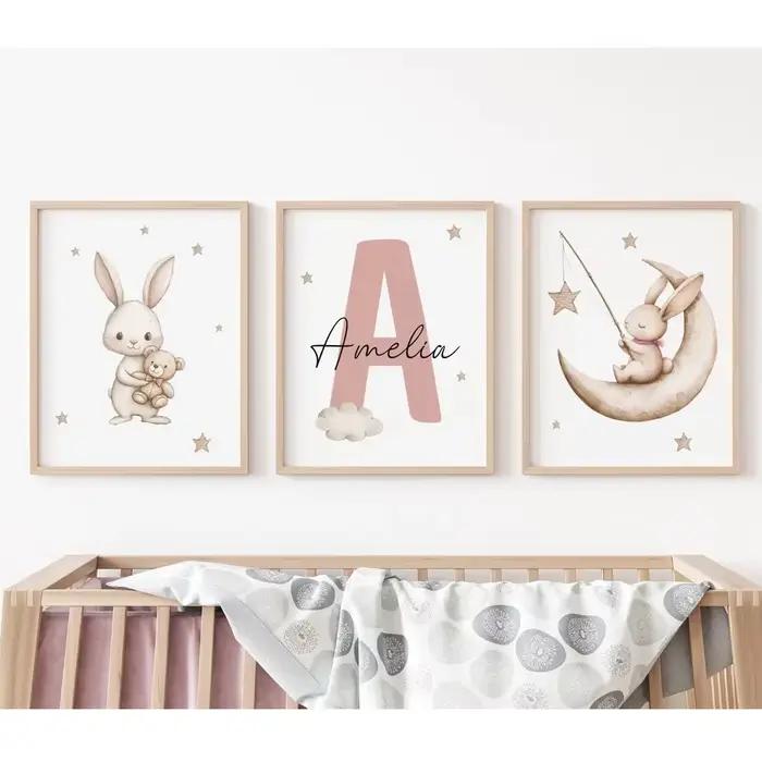 3 œuvres d'art sur mesure pour chambre d'enfant sur le thème du lapin