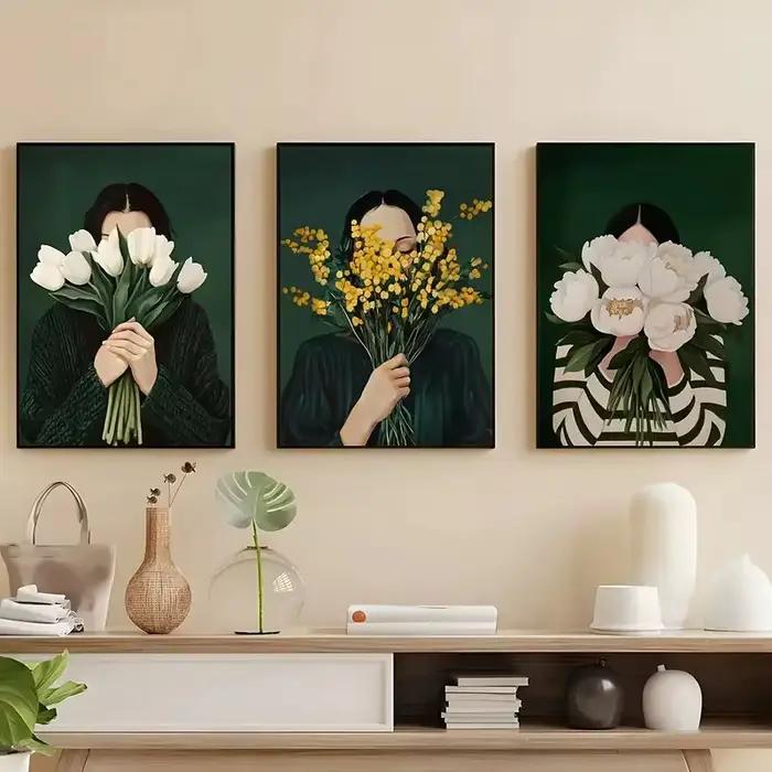 Toile imprimée de figurines abstraites vertes avec fleur