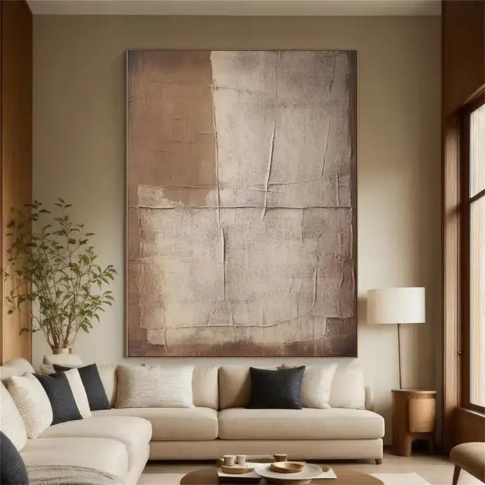 Grande peinture sur toile texturée abstraite beige-brun faite à la main