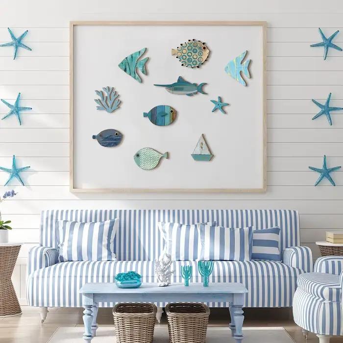 Décoration murale océan en bois fabriquée à la main – Ensemble poisson
