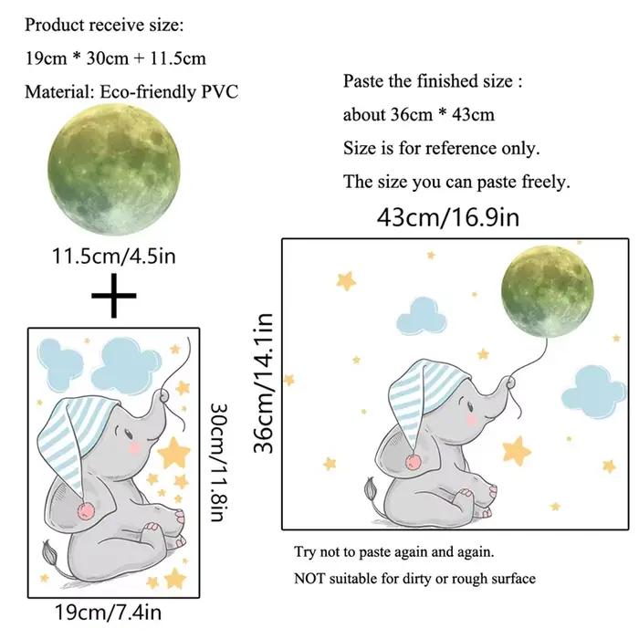 Autocollant mural lumineux bébé éléphant lune
