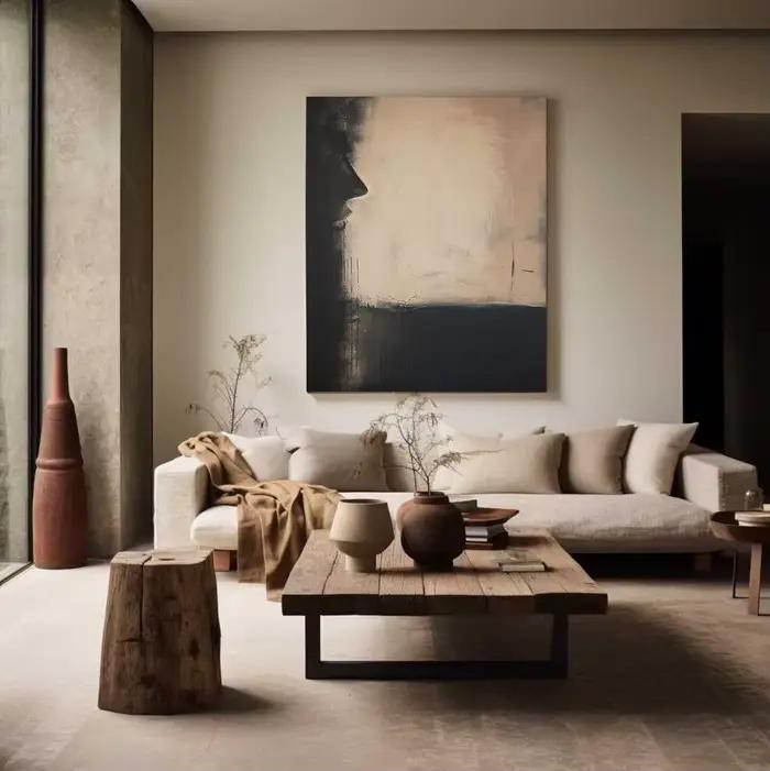 Wabi-sabi Art mural noir Beige peinture abstraite médiévale