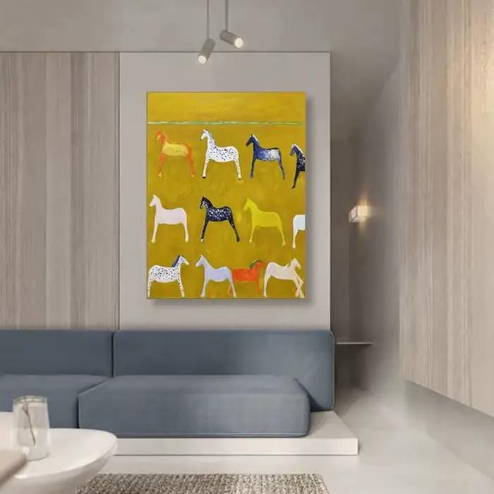 Peinture sur toile sans cadre, cheval jaune, art mural abstrait, peinture minimaliste moderne et colorée pour salon, 1 pièce