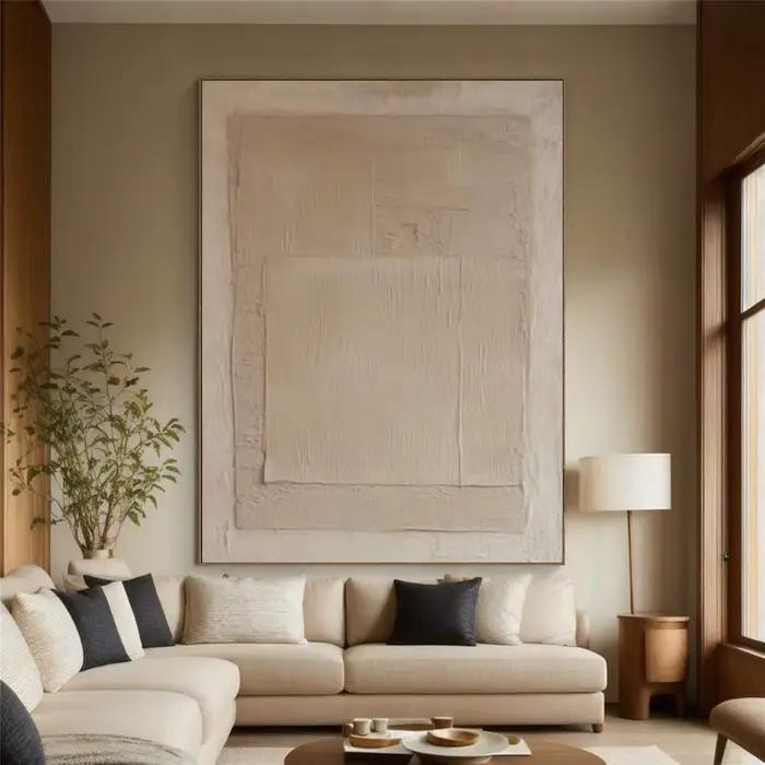 Grande peinture abstraite beige faite à la main de Bergame