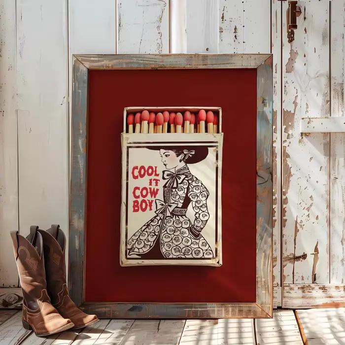 Art mural encadré Western bordeaux – Impression Cool It Cowboy Matchbox