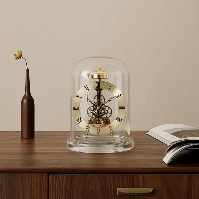 Horloge à quartz squelette avec dôme en verre, style rétro, fonction carillon, pour collectionneurs, salon, bureau