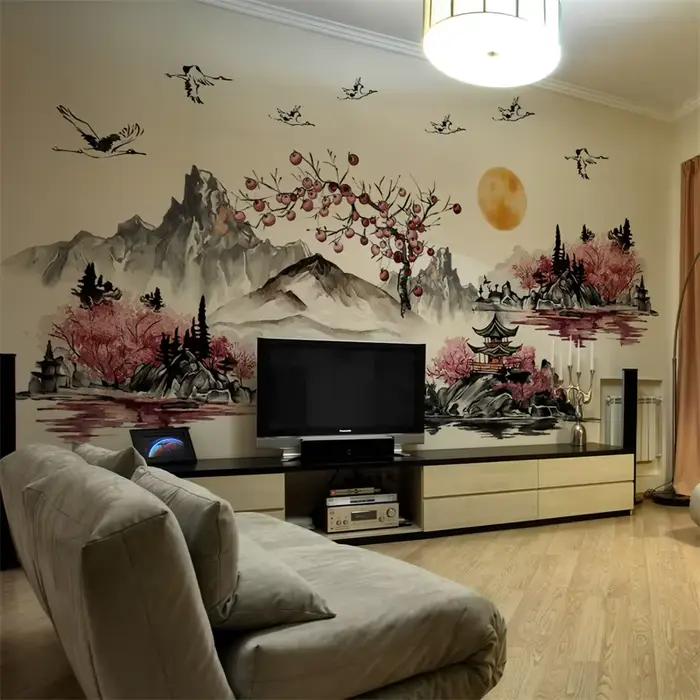 Autocollants muraux grue de peinture de paysage de Style chinois