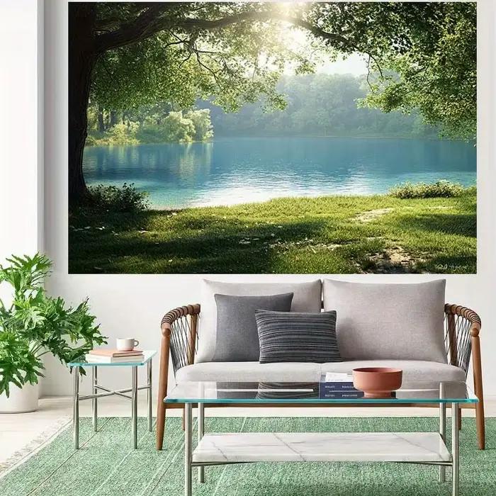 Peinture de paysage de lac serein - Fond d'écran avec arbre vert