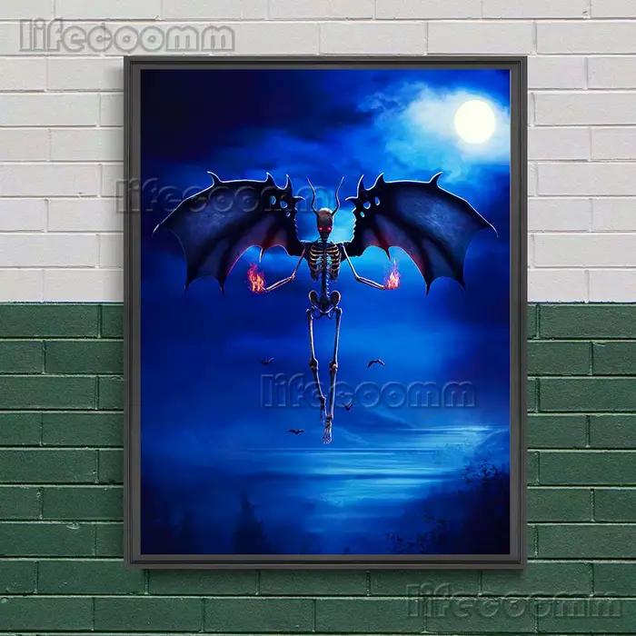 Toile d'art mural Vintage, l'ange déchu, Beelzebub et le crâne de démon, peinture d'ange du démon, affiche d'art et décor de dôme imprimé