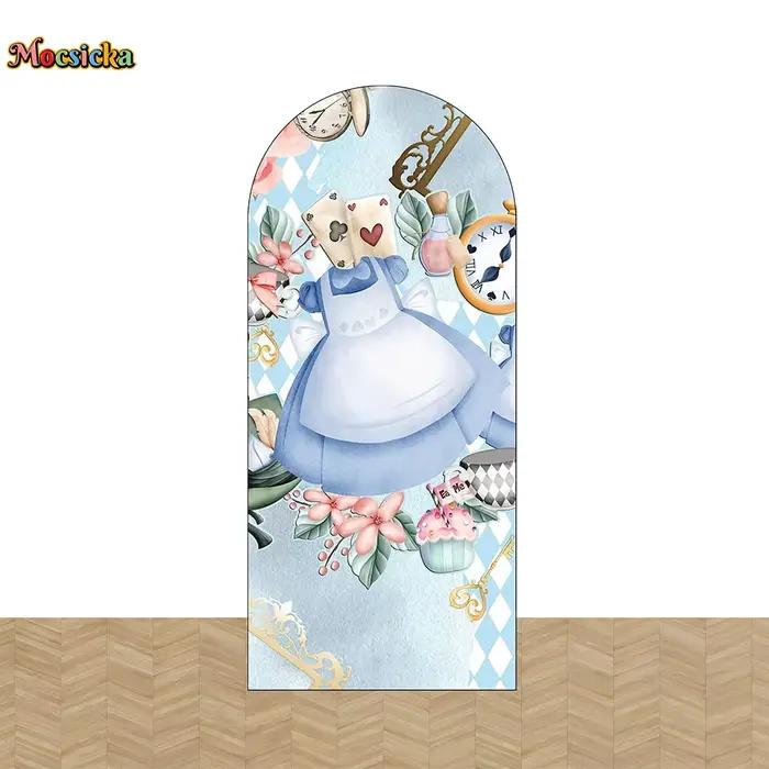 Mocsicka-Toile de fond de couverture arquée Alice au pays des merveilles pour fille, fond rose fleur, cabine double face, horloge d'anniversaire et de thé