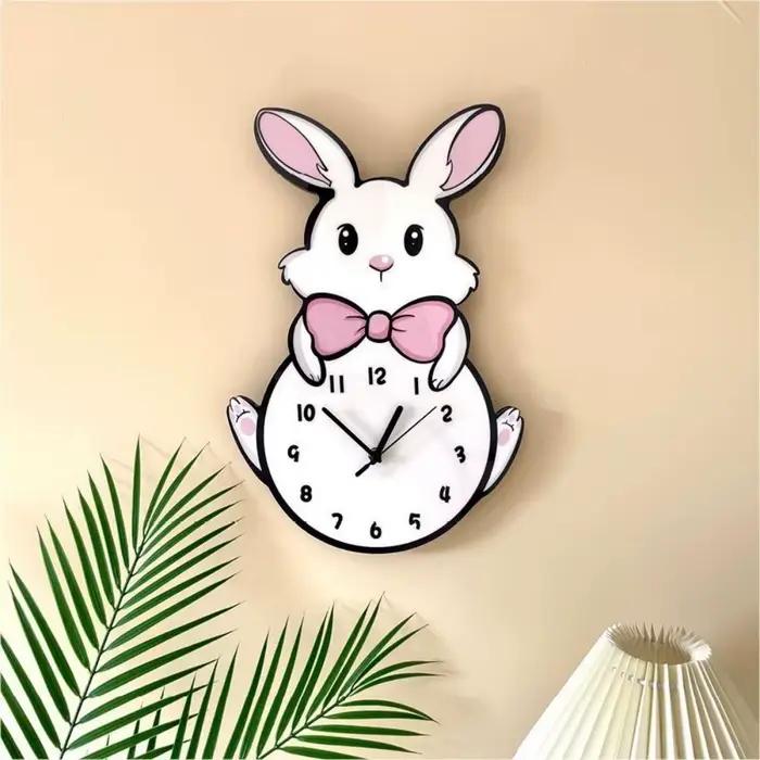 Créatif mignon petit lapin blanc horloge murale suspendue décorative dessin animé