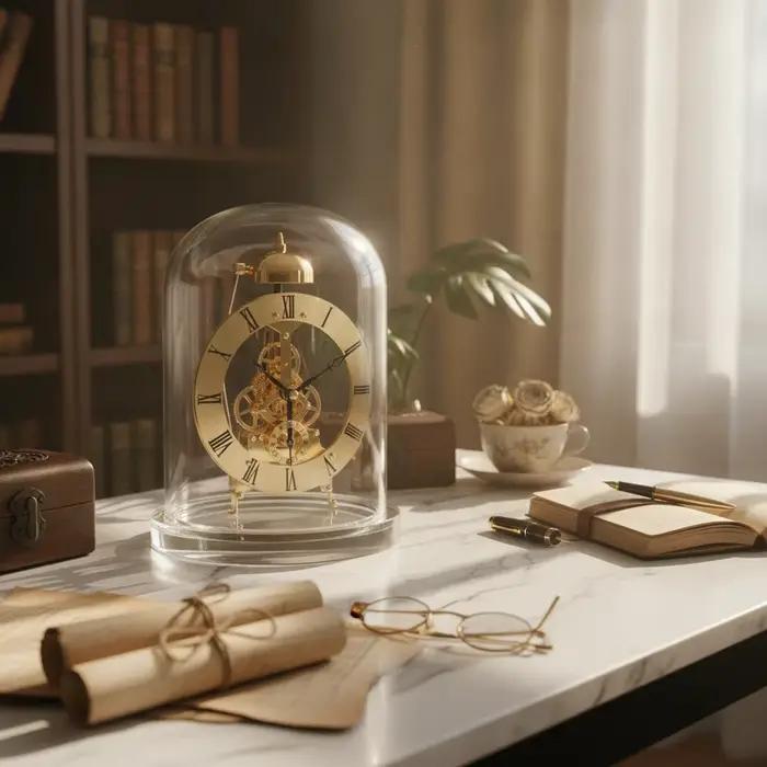 Horloge à quartz squelette avec dôme en verre, style rétro, fonction carillon, pour collectionneurs, salon, bureau