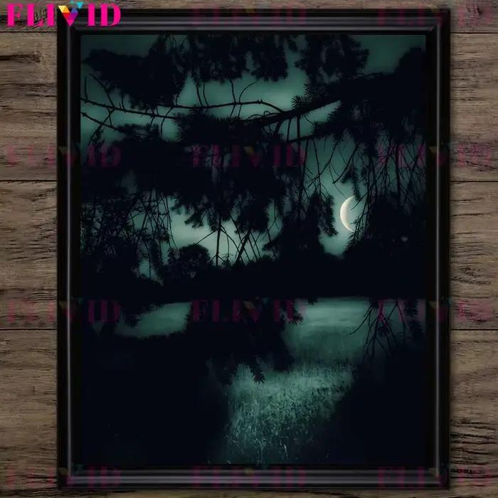 Toile d'Art Mural Vintage avec Bois et Lacs Eeries la Nuit
