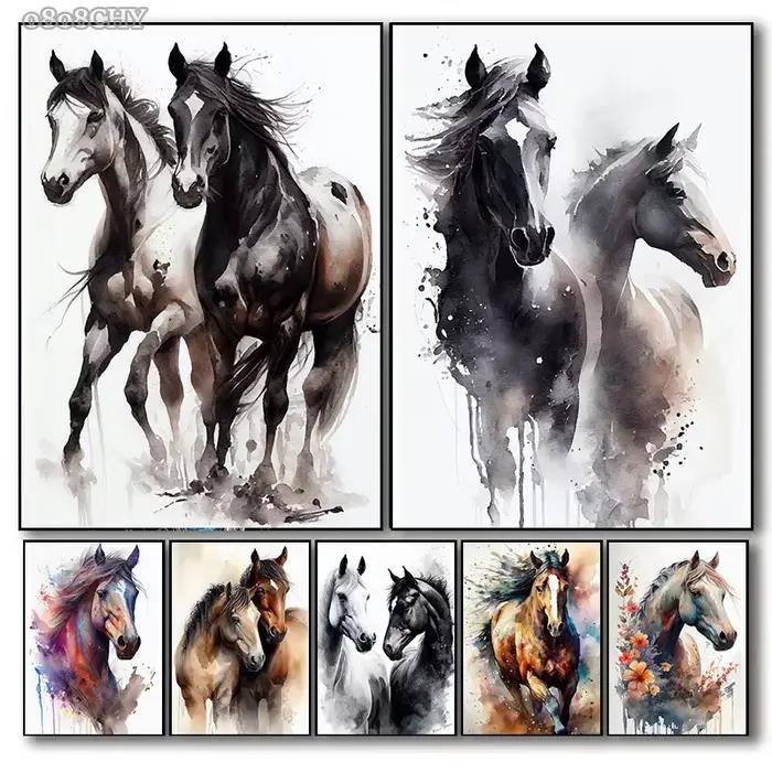 Cheval aquarelle toile peinture à l'huile imprime photos Animal cheval abstrait mur Art affiches murale pour salon décor à la maison