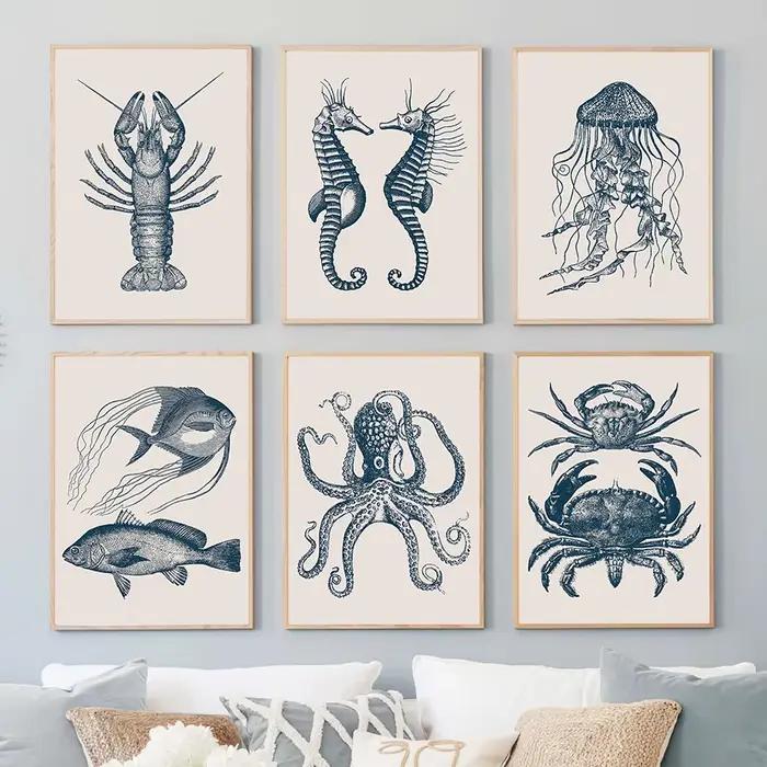 Hippocampe poulpe méduse crabe Vintage vie Marine mur Art impression toile peinture affiches pour salon moderne décor à la maison
