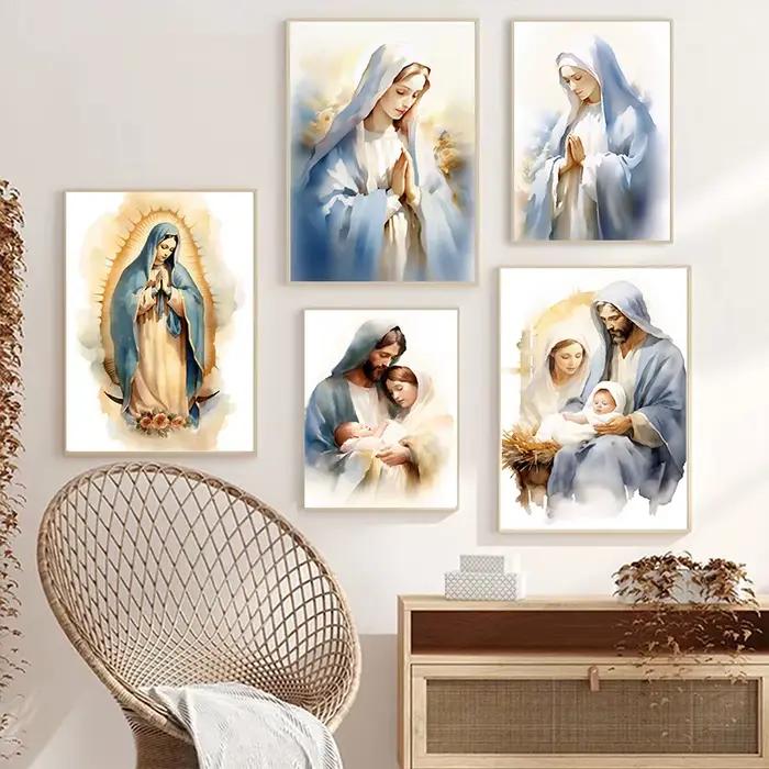 Affiche de prière aquarelle catholique vierge marie et enfant jésus