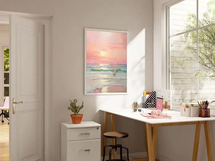Affiche encadrée imprimée Coucher de soleil pastel rose poudré