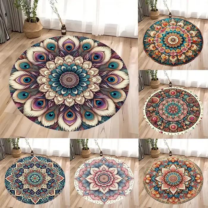 Tapis rond à fleurs colorées Mandala