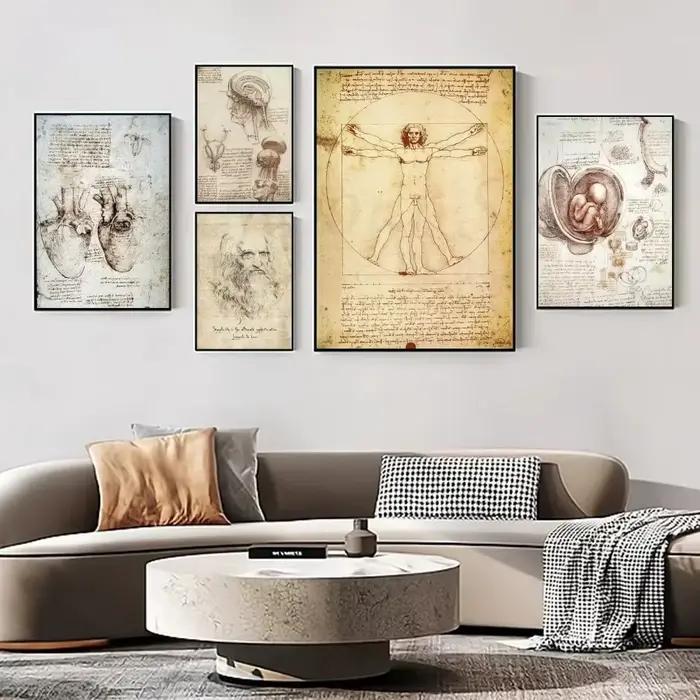 Leonardo Da Vinci manuscrit homme de Vitruve affiches Vintage rétro chambre Bar café