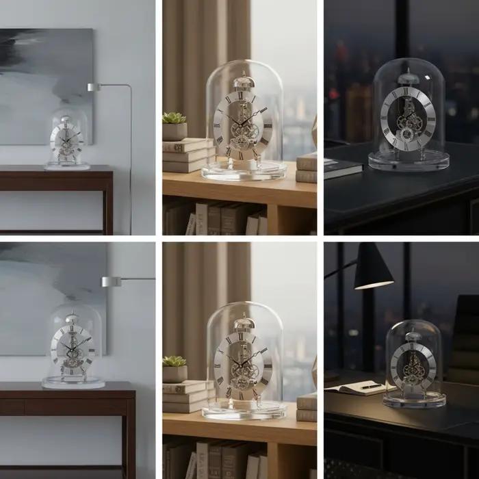 Horloge à quartz squelette avec dôme en verre, style rétro, fonction carillon, pour collectionneurs, salon, bureau