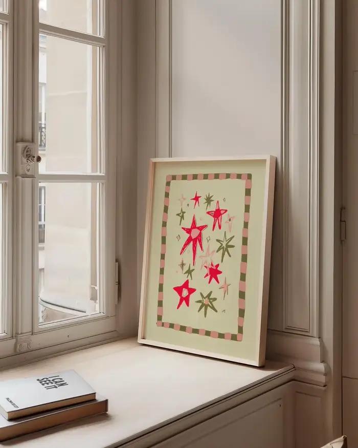 Impression murale encadrée fantaisie motif étoile éclatante - Art moderne du milieu du siècle ludique pour accentuer le
