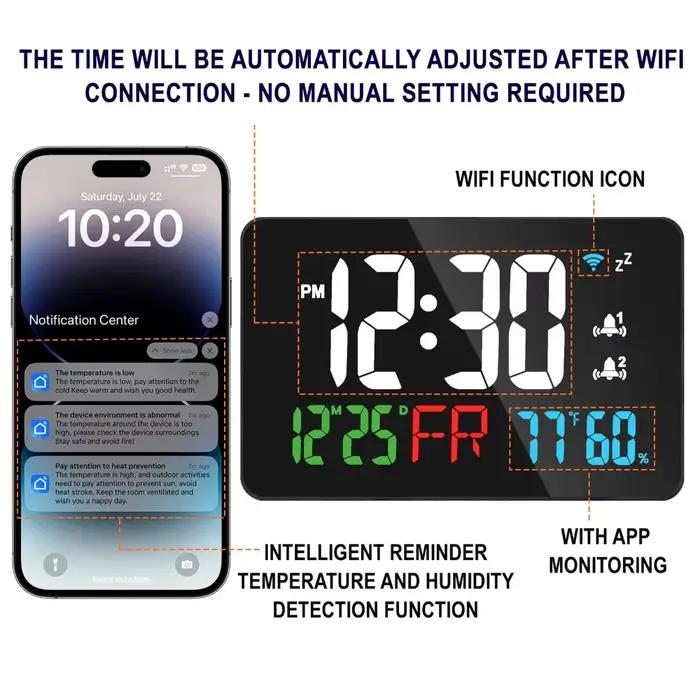 LED horloge murale numérique WIFI temps synchronisé température humidité Date illimité Snooze