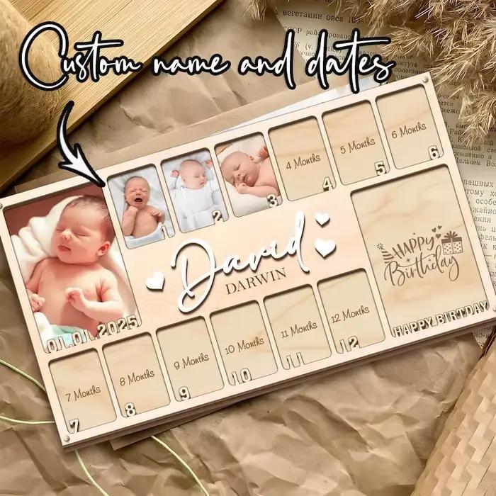 Cadre photo en bois personnalisé pour bébé, avec nom et date, plaque de photos mensuelle pour les étapes importantes, souvenir de la maternité pour nouveau-né