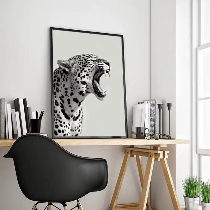 Affiche d'art imprimée de poulet rugissant de léopard: peinture sur toile d'animal de luxe noir et blanc pour la décoration de la maison du salon