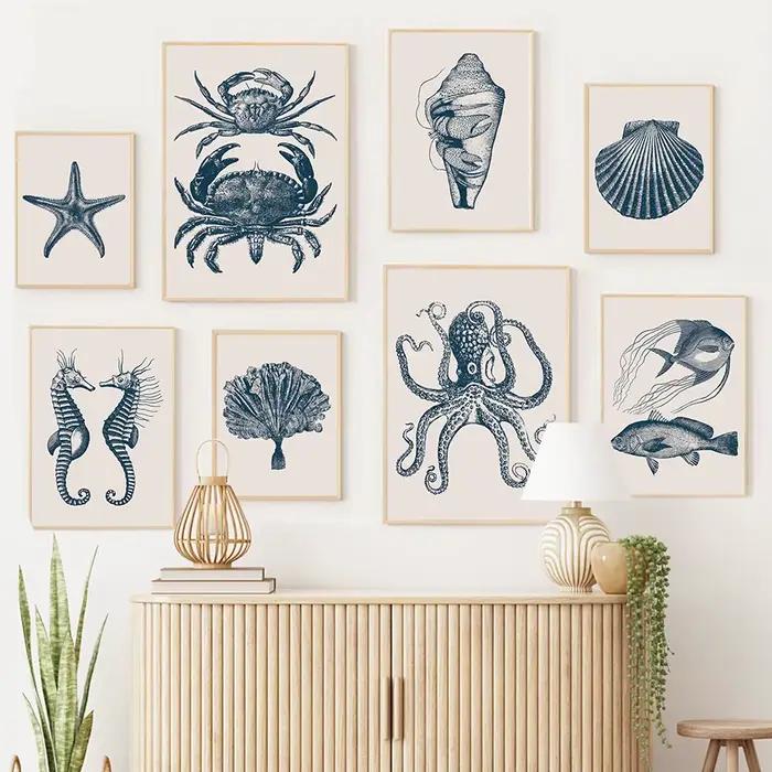 Hippocampe poulpe méduse crabe Vintage vie Marine mur Art impression toile peinture affiches pour salon moderne décor à la maison
