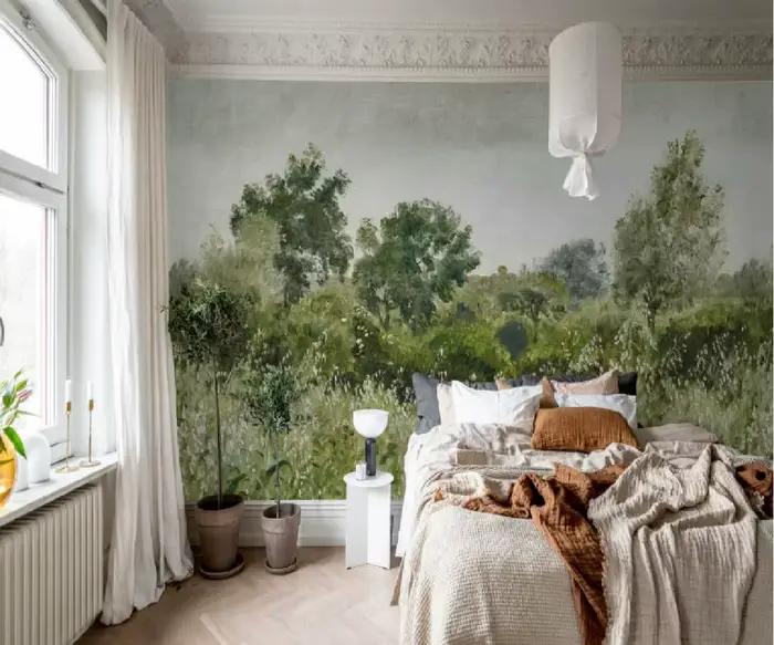 Papier peint personnalisé, peinture à l'huile, art forestier, murale de jungle, décoration intérieure, brouillard forestier, matin de l'aube, décoration murale forestière