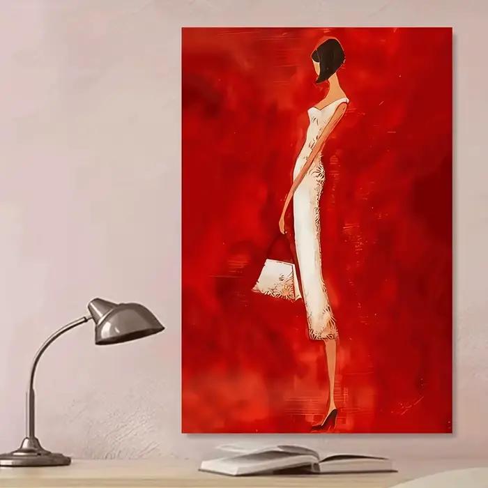 Affiche imprimée de femme abstraite moderne en robe blanche, peinture sur toile rouge vif, tableau d'art mural pour salon, décoration de maison, cadeau