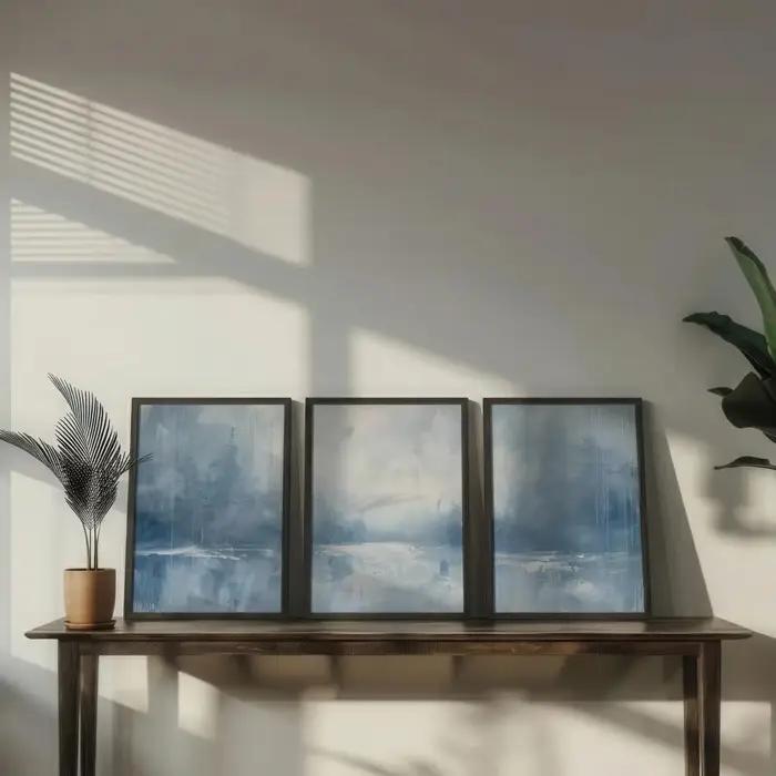 Lot de 3 tableaux muraux abstraits bleu ardoise et blanc