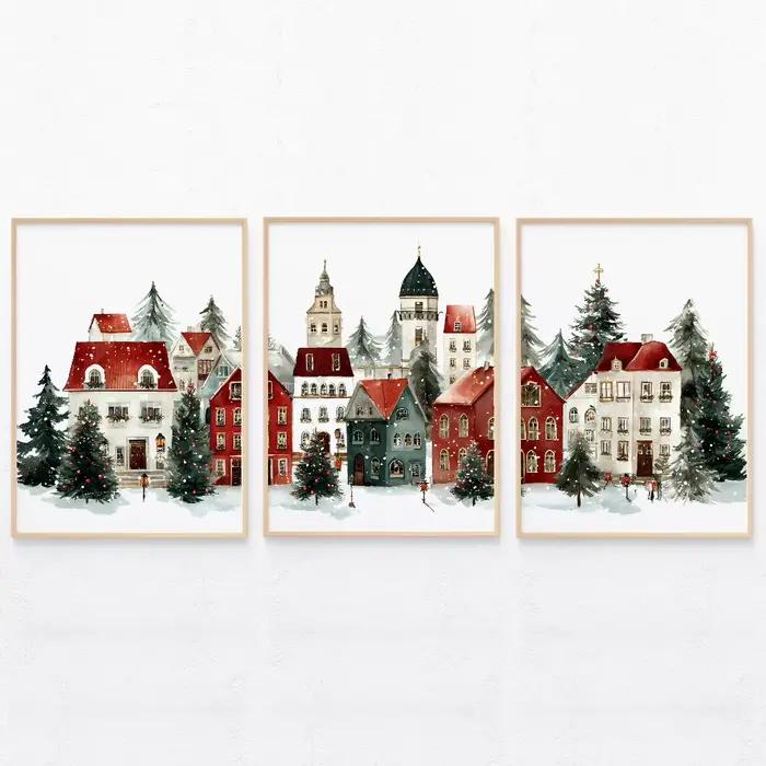 Ensemble d'imprimés de Village de noël, 3 peintures de ville d'hiver enneigées, affiche imprimée pour salon, décoration de père noël