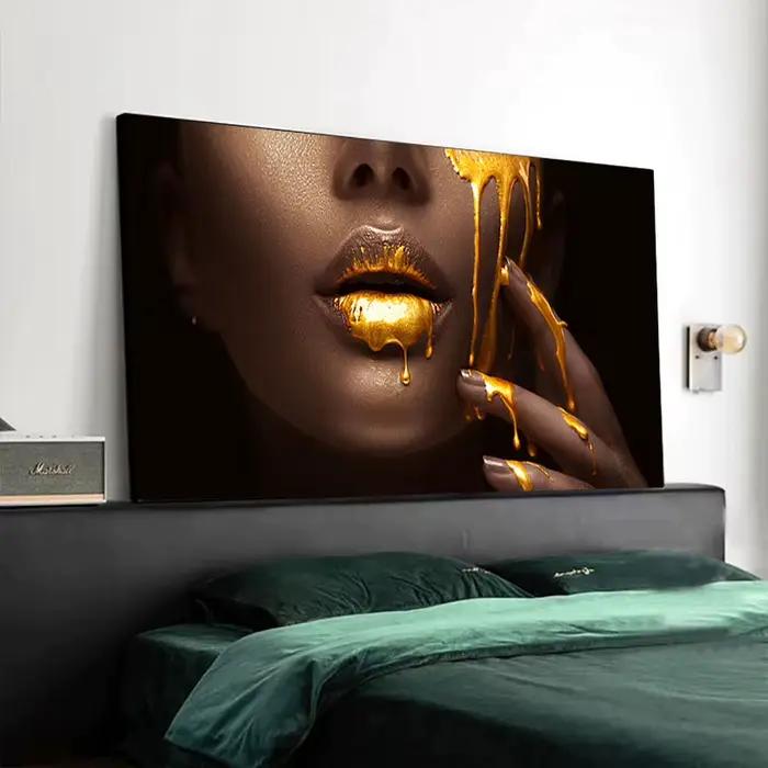Grande taille femmes noires avec lèvres Sexy dorées peintures à l'huile sur toile moderne mur Cuadros photos maison salon Roon décor sans cadre