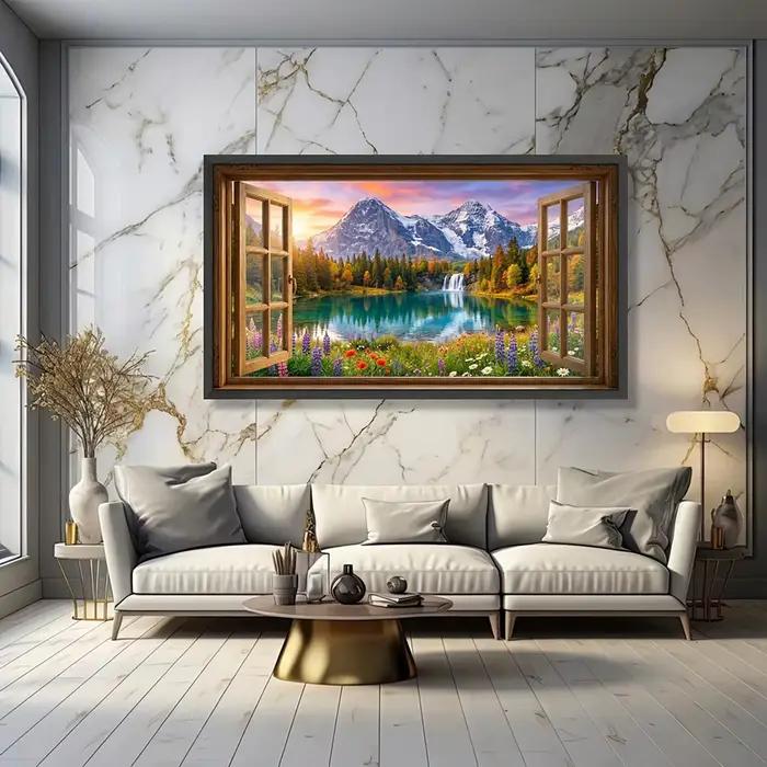 Vue sur le lac de montagne depuis une fenêtre ouverte, toile, art mural, cascade et fleurs sauvages, toile de paysage naturel pittoresque