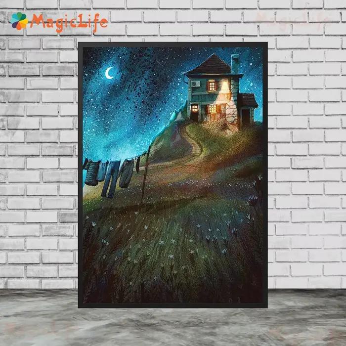 Affiches de lune de maison de paysage de nuit étoilée de dessin animé