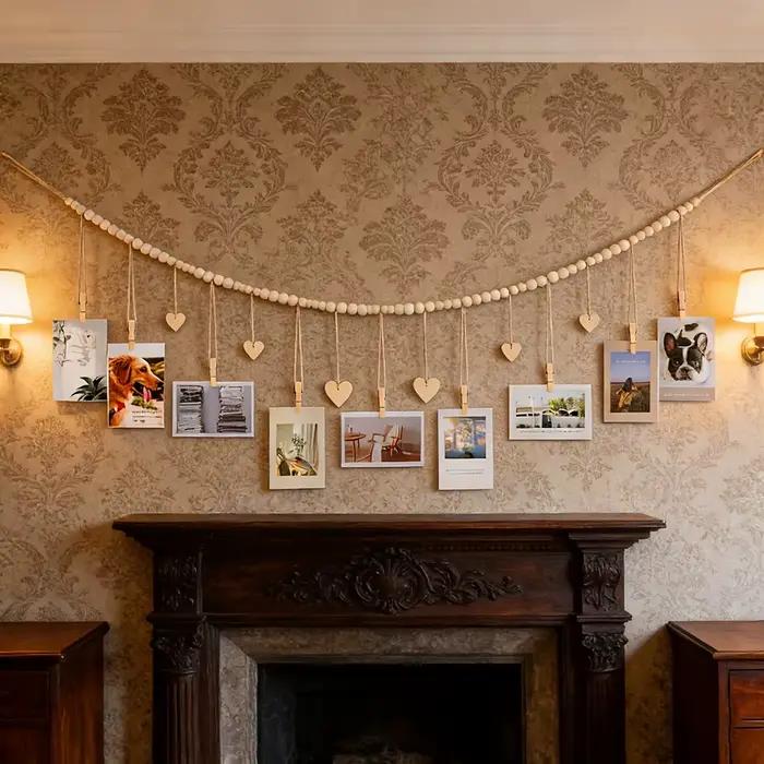 Décoration murale pour photos suspendues - Guirlande rustique bohème en perles de bois avec 9 pinces
