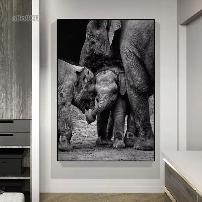 Peinture sur toile d'éléphants d'animaux noirs et blancs