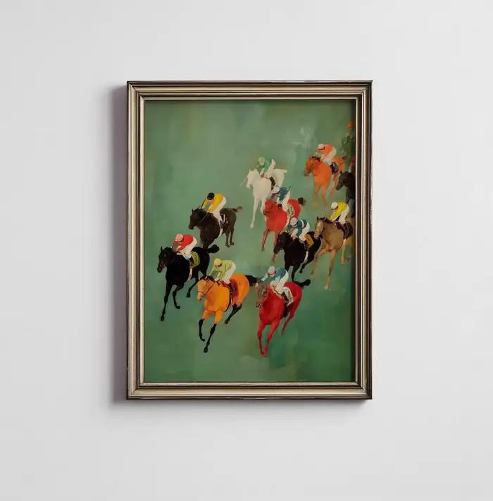 Art mural imprimable sur le thème des courses de chevaux vintage | Décoration d'intérieur équestre moderne | Téléchargement numérique Colorful Jockeys | Impression d'art éclatante