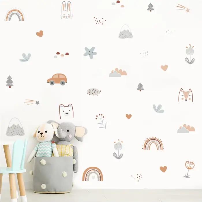Dessin animé arc-en-ciel animaux visages étoile aquarelle autocollant mural vinyle amovible bricolage décalcomanies chambre d'enfants salon intérieur décor à la maison
