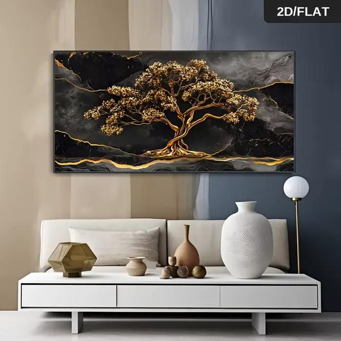 Toile d'art mural en marbre d'arbre doré abstrait moderne sans cadre, peinture dorée et noire de grande taille, Accent de maison de luxe 2D plat