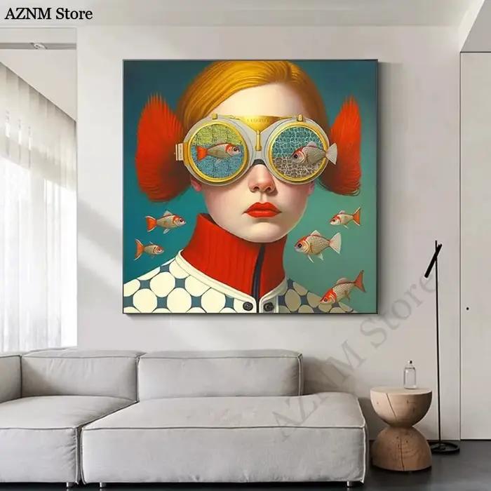 Lunettes femme avec fleurs nordique Boho mur Art toile peinture papillon avec fille Portrait affiche pour salon décor à la maison