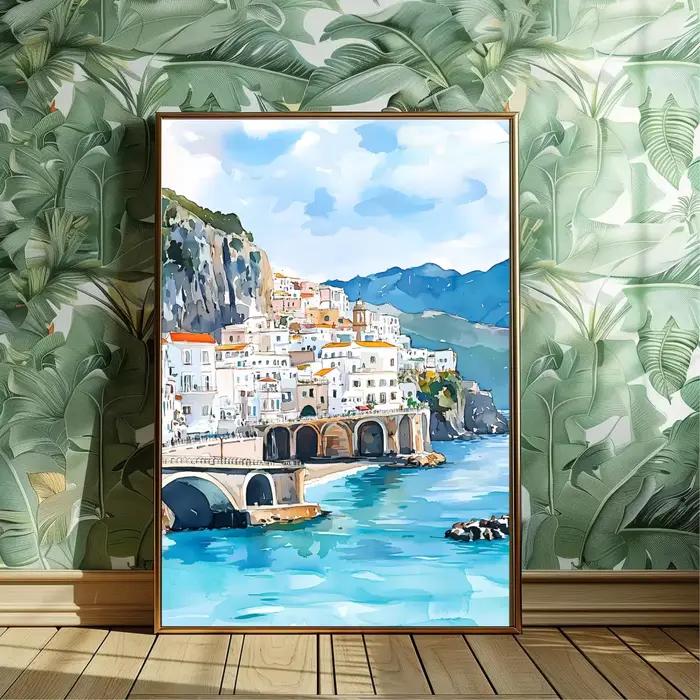 Aquarelle Amalfi Coast Italie Art Print, décoration murale de paysage côtier brillant, illustration de ville de bord de mer italienne, T méditerranéen