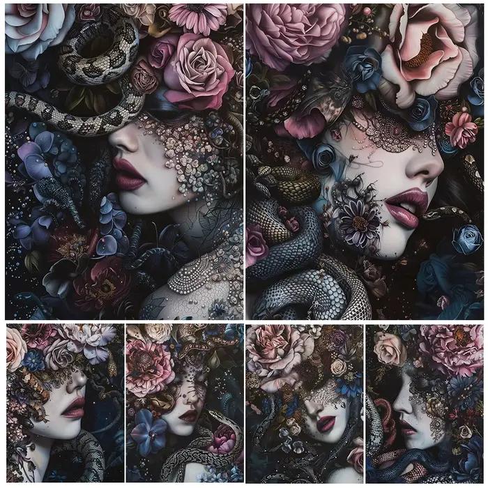 Belle femme, fleurs et serpent