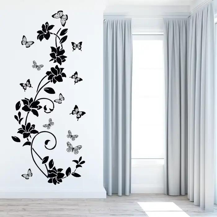 Autocollants muraux en vinyle anti-collision motif fleurs noires