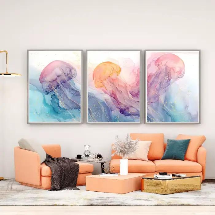 Triptyque mural Baleine Homard Méduse – Impressions aquarelle – Décoration abstraite vie marine océanique, nautique, méditerranéenne pour chambre d'enfant