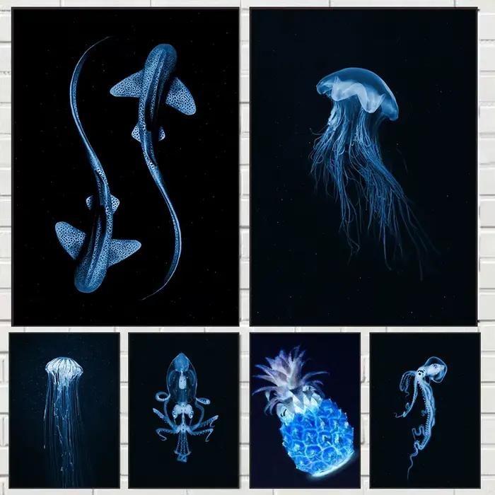 Affiche de nuit de mer abstraite, CreMobCyanea, méduse, calmar, requin, peinture sur toile, art mural minimaliste pour salon, décoration d'intérieur