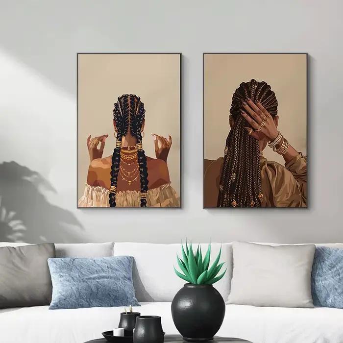 Affiche de Femme Noire Afro-Américaine, Coiffure de Fille Cool et Bijoux en Or, Peinture sur Toile, Art Mural pour Salon, Décoration de Maison